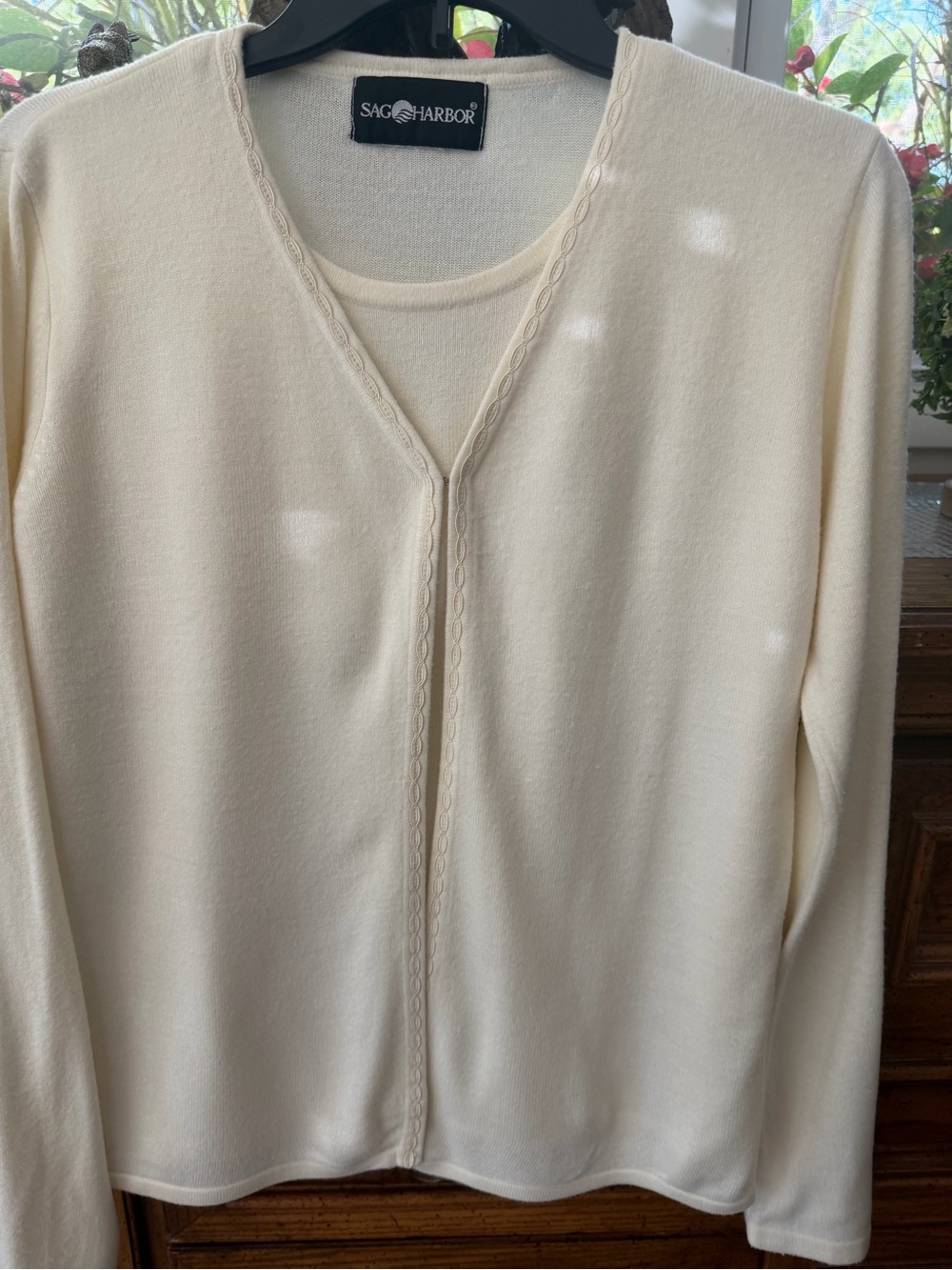 Sag Harbor Cream Open-Front Women's Cardigan with Scalloped Trim